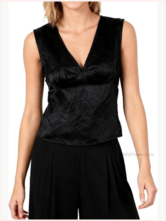 Tops - Acetate V-Neck Open Back Tank Top Self Tie Sleeveless Blouse
